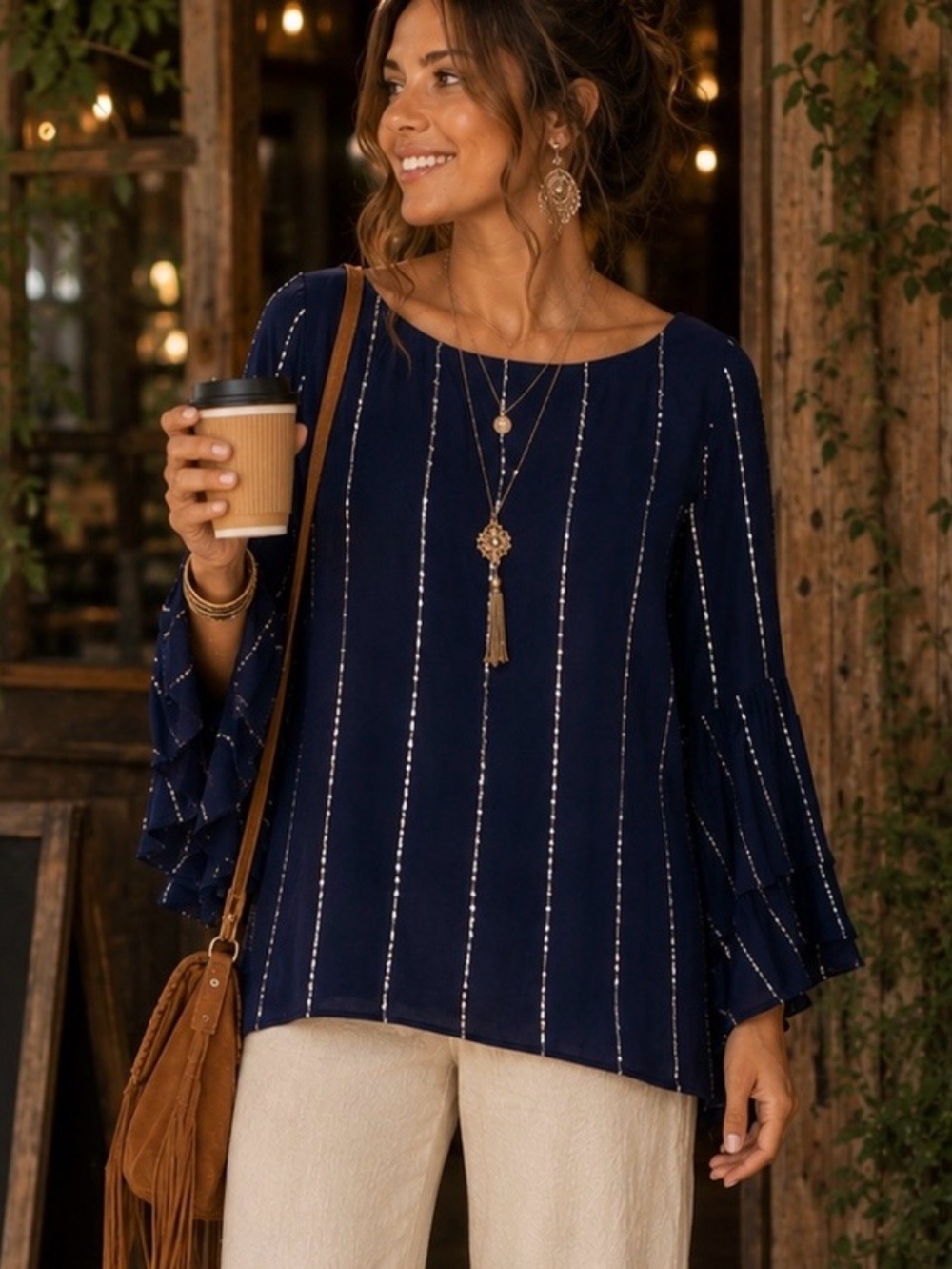 Anthropologie Floreat Top Evelyn Metallic Striped Blouse Bell Sleeve Size M